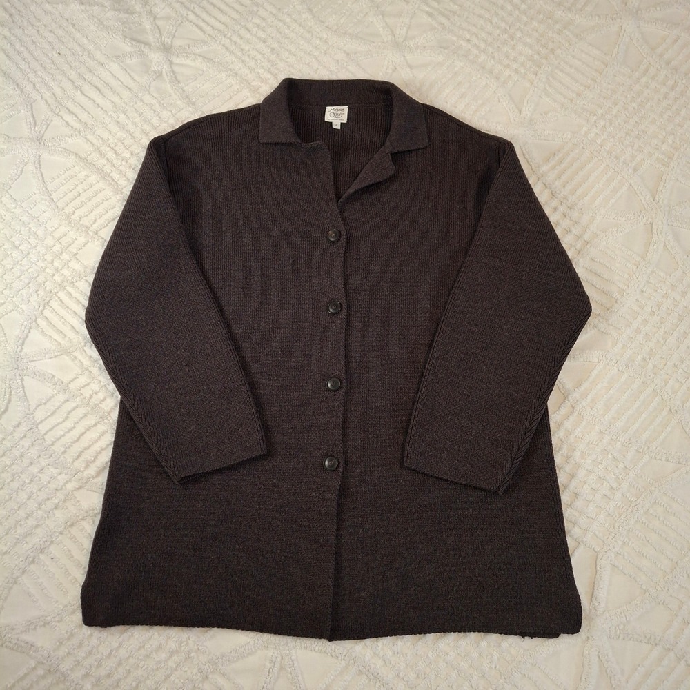Margaret O'Leary Large Cardigan Sweater Brown Merino Wool Collared Button Front